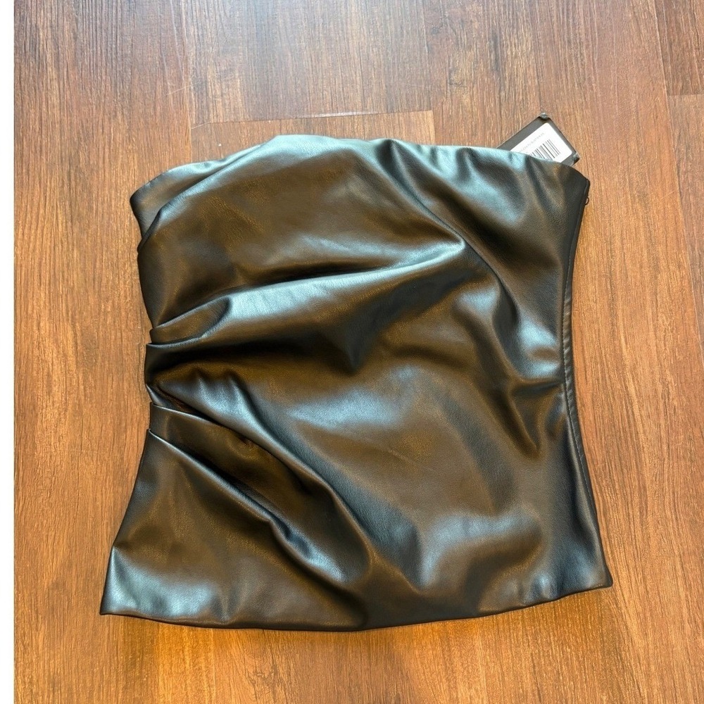 Baddie Clubbing Black Faux Leather Strapless Ruched Tube Top XS Going Out